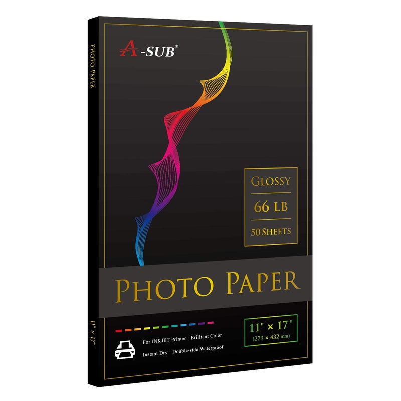 A-SUB Premium Photo Paper High Glossy 11x17 Inch 66lb for Inkjet Printers 50 Sheets, Single Sided - Image 1